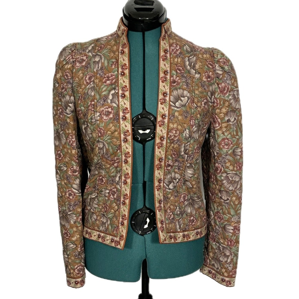 Wily Woman Quilted Floral Tapestry Jacket Small Earth Tone Puff Sleeve Victorian